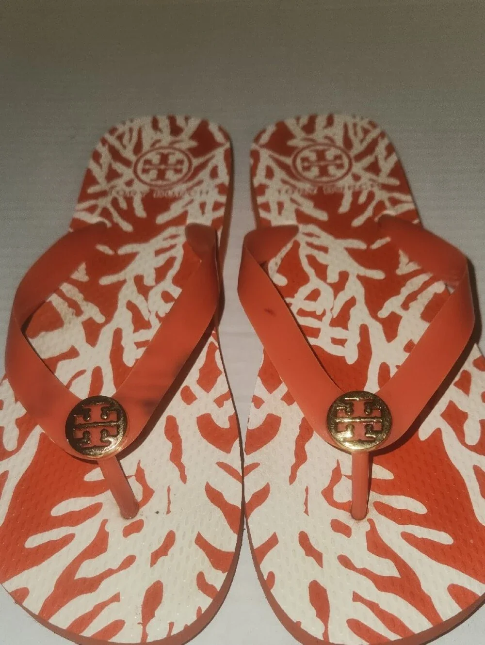 Tory Burch Coral Orange Logo Rubber Flip Flop Sandals